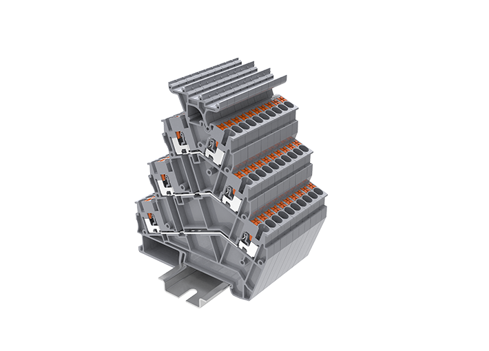 Трехуровневая клемма TPTS2.5-2T-GY - Трехуровневая клемма, угловая, с держателем маркировки, тип фиксации провода: push-in, номинальное сечение: 2,5 мм кв., 20A, 500V, ширина: 5,2 мм, цвет: серый, тип монтажа: DIN 35