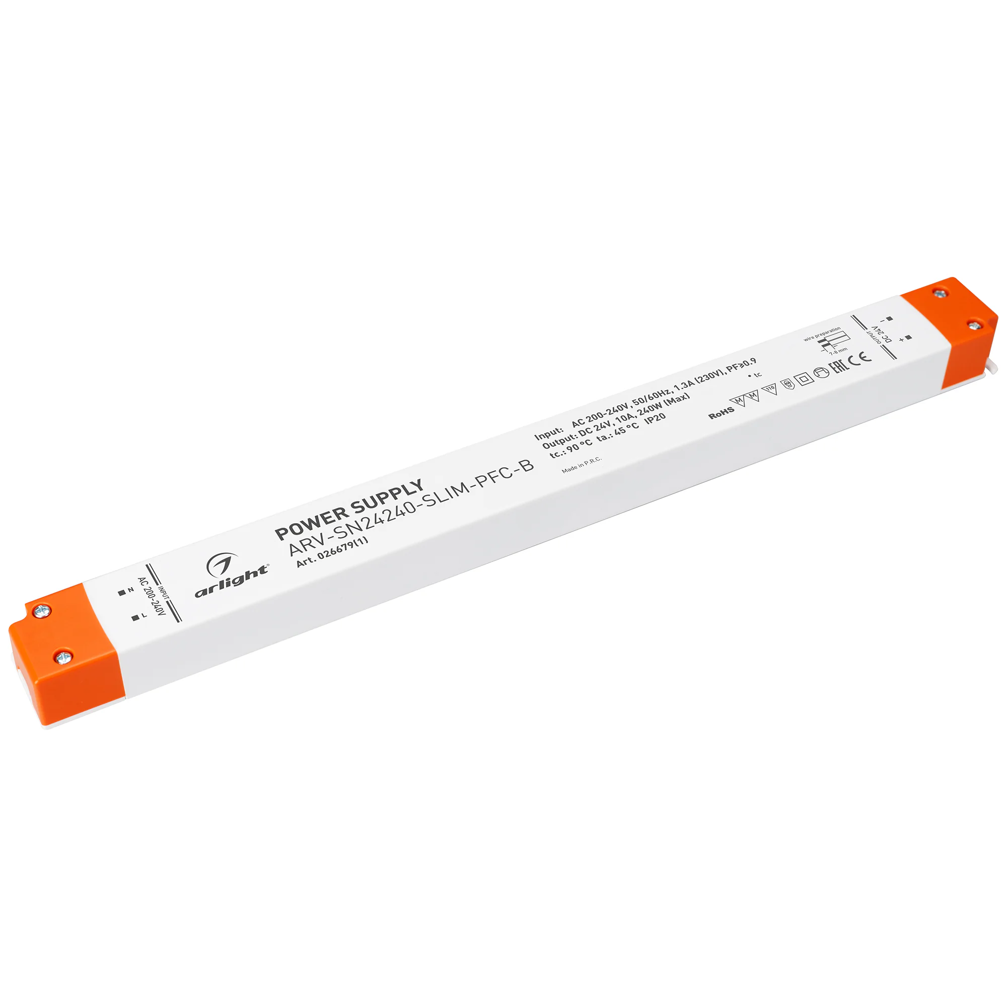 Блок питания ARV-SN24240-SLIM-PFC-B (24V, 10A, 240W) 026679(1) - Источник напряжения с гальванической развязкой для светодиодных изделий. Входное напряжение 200-240 VAC. Выходные параметры: 24 В, 10 А, 240 Вт. Встроенный PFC >0.95. Негерметичный пластиков