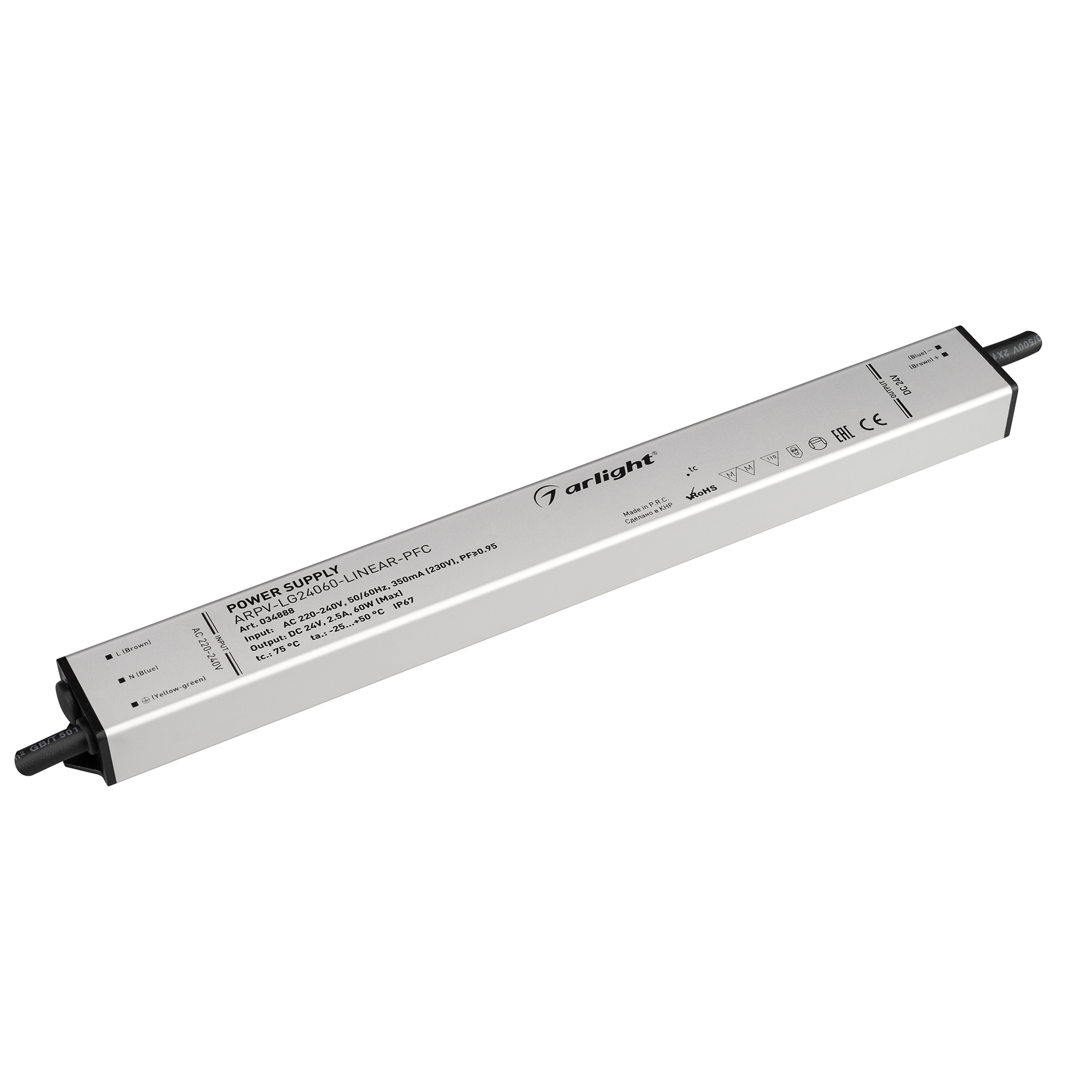 Блок питания ARPV-LG24060-LINEAR-PFC (24V, 2.5A, 60W) 034888 - Источник напряжения с гальванической развязкой для светодиодных изделий. Входное напряжение 220-240 VAC. Выходные параметры: 24 В, 2.5А, 60 Вт. Встроенный PFC >0.95. Тонкий металлический корпу