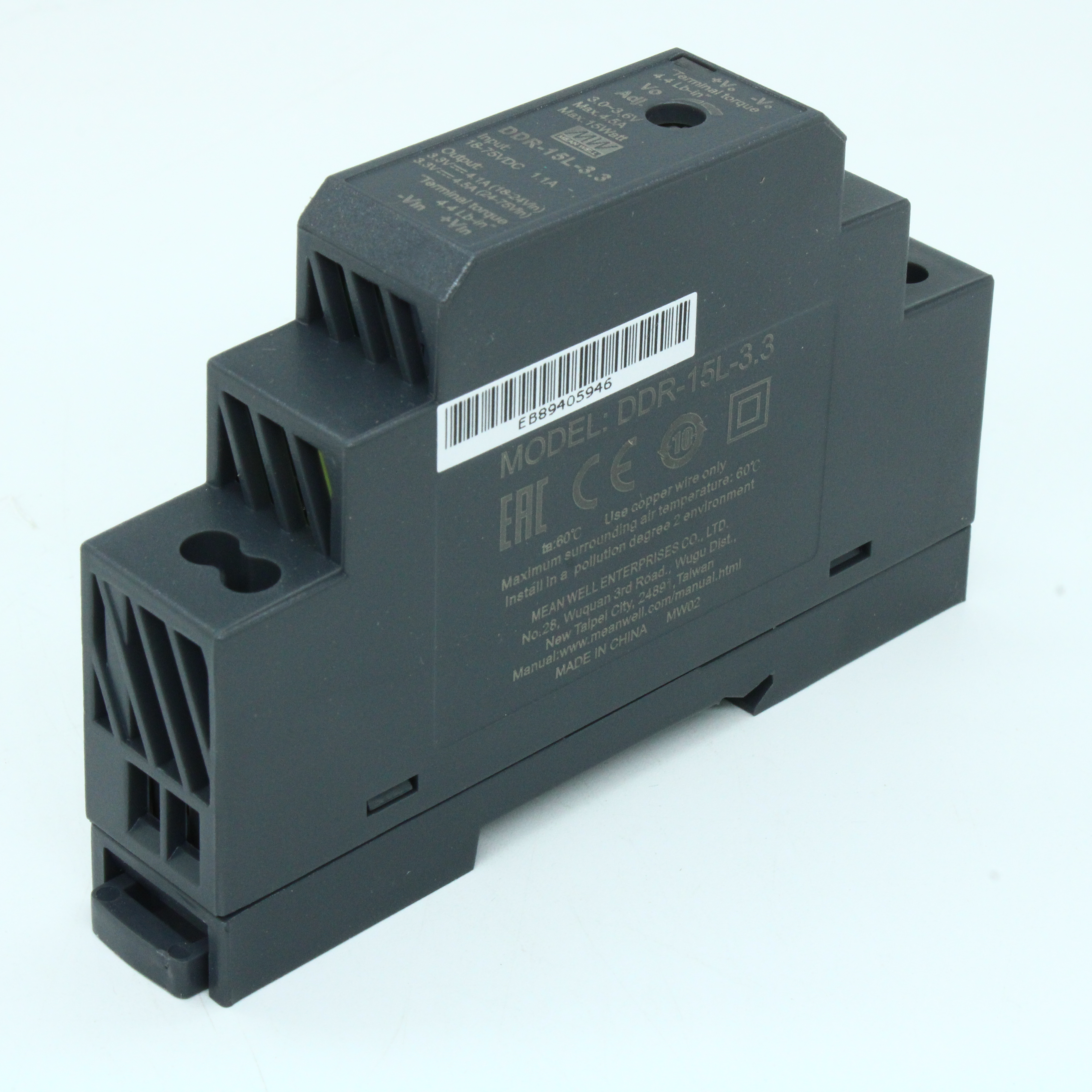 DDR-15L-3.3 - DC-DC, 15Вт, вход 18…75 В DC, выход 3.3В/4.5А, изоляция 4000В DC, в кожухе на DIN-рейку, 17.5х90х54.5мм, -40...+85°С