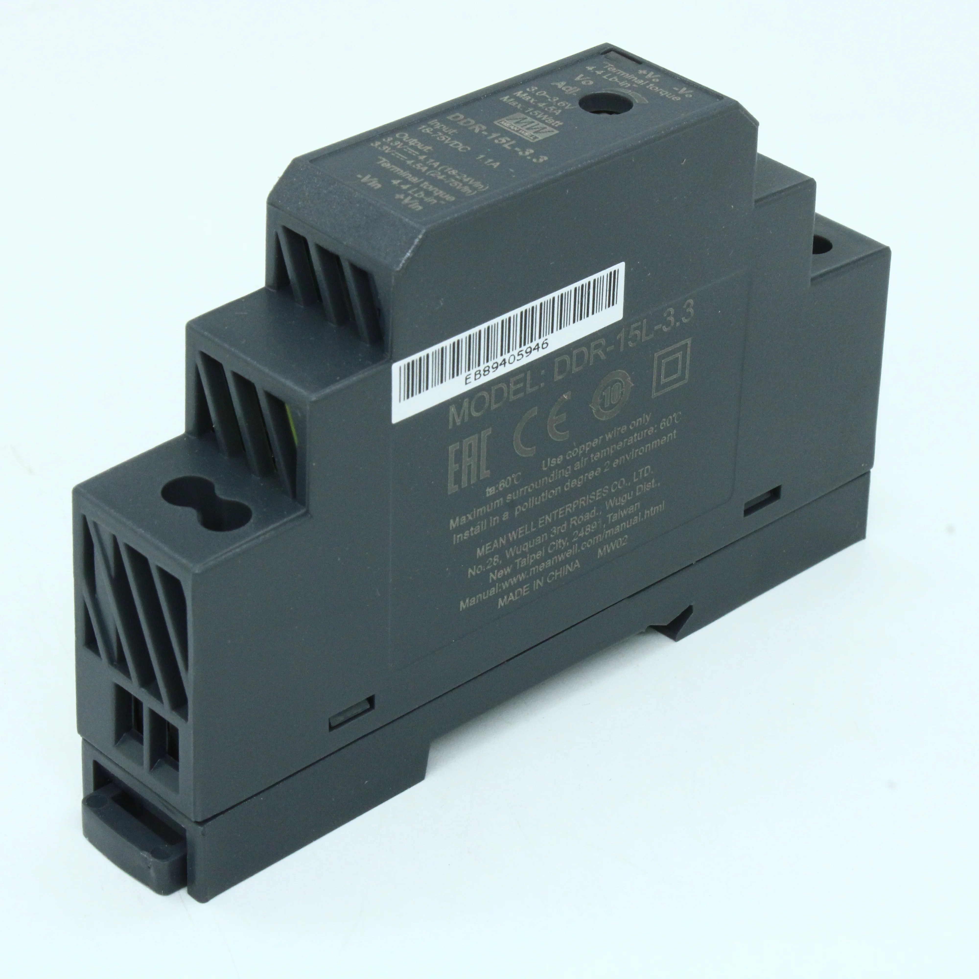 DDR-15L-3.3 - DC-DC, 15Вт, вход 18…75 В DC, выход 3.3В/4.5А, изоляция 4000В DC, в кожухе на DIN-рейку, 17.5х90х54.5мм, -40...+85°С