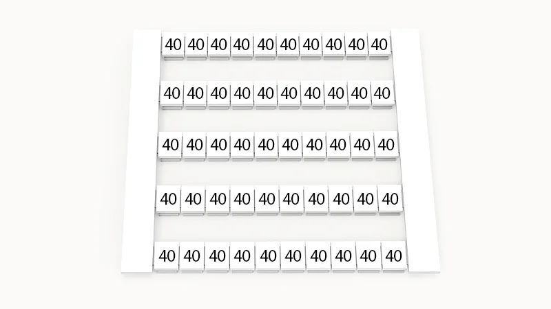 Марк. кассета DEK5-50P-19-128Z(H) - Маркировочные шильдики для клемм WS…, сечением 2,5 мм кв., боковая, 50 шильдиков, нанесенные символы: 40, по 5 полосок,с вертикальным расположением, размер шильдика: 4,8х5,5 мм, цвет белый