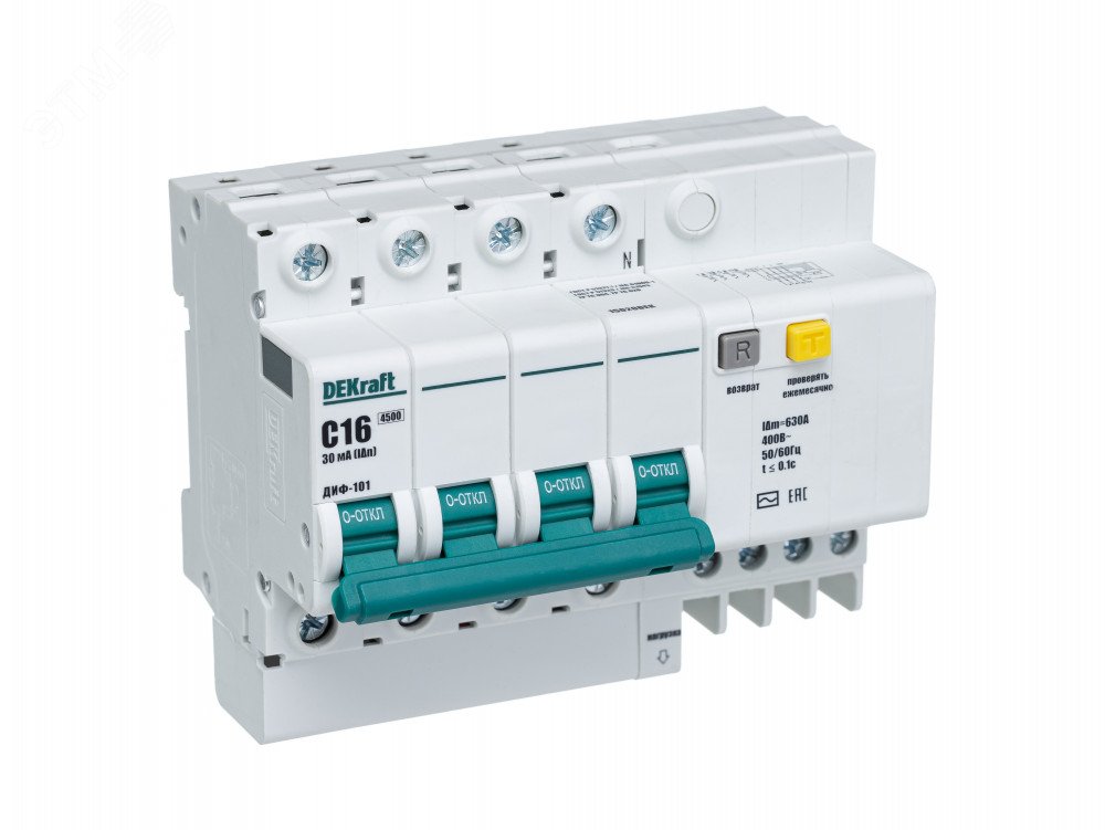 Выключатель автоматический дифференциального тока 4п C 16А 30мА тип AC 4.5кА ДИФ-101 15020DEK