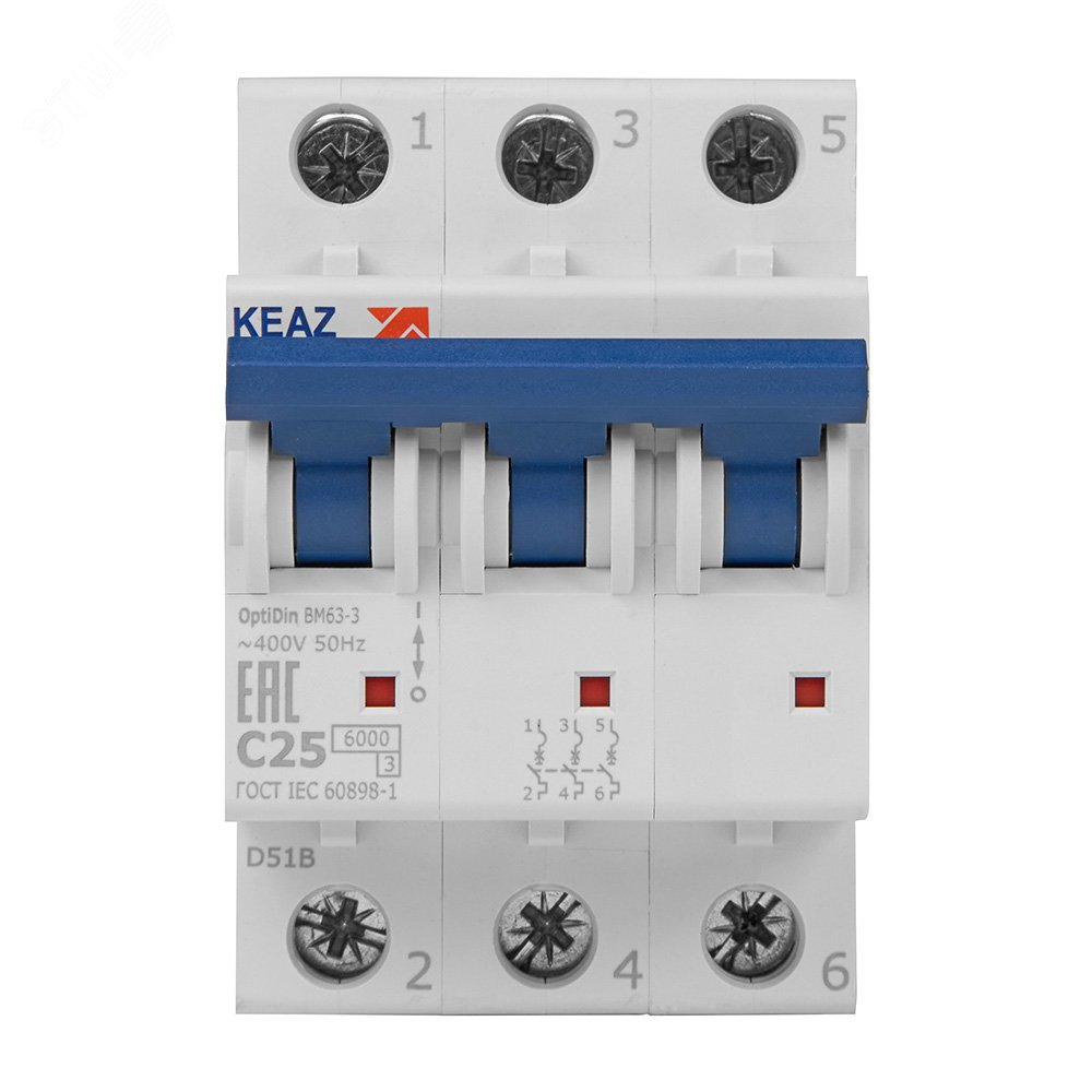 Выключатель автоматический модульный 3п C 25А 6кА OptiDin BM63-3C25-УХЛ3 КЭАЗ 260794