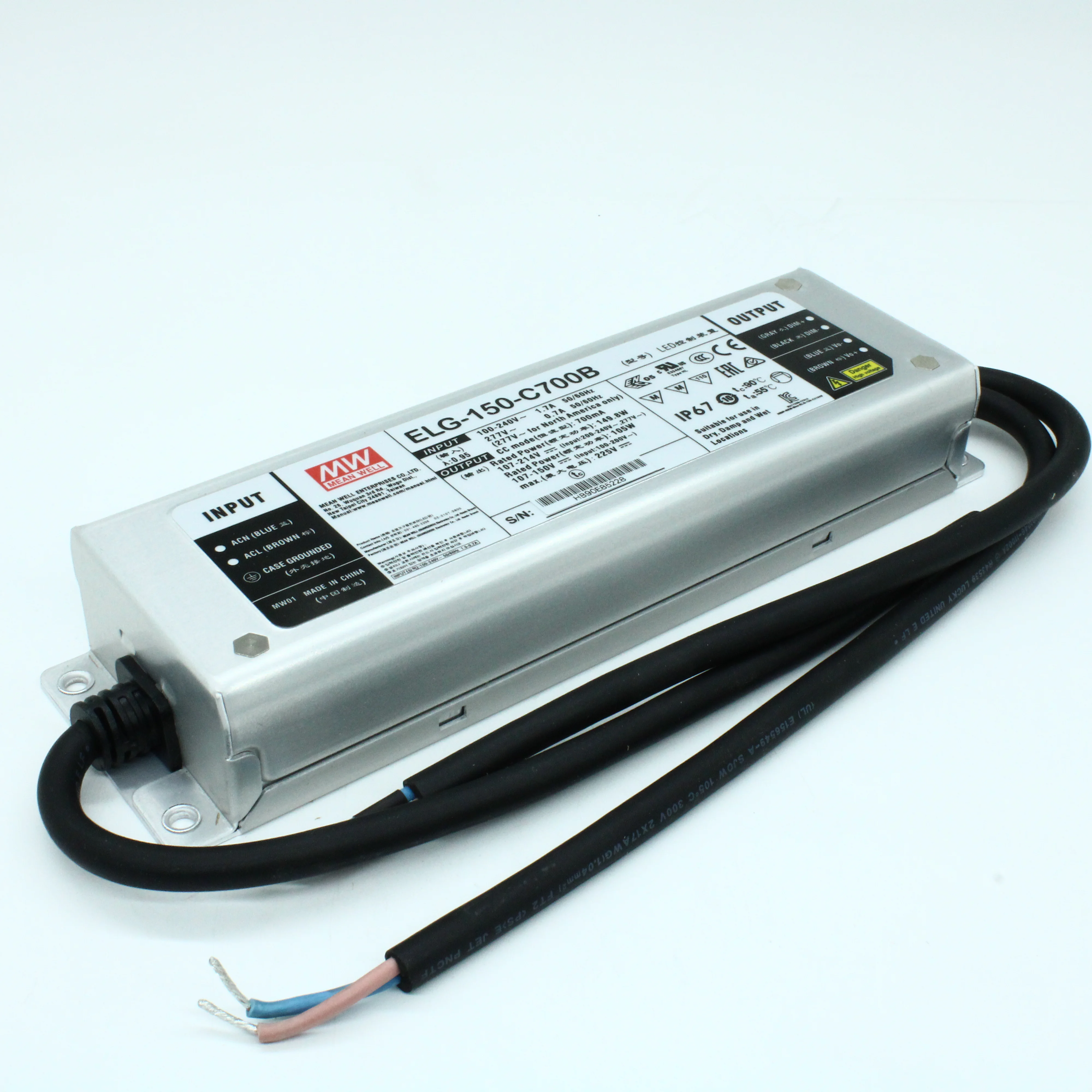 ELG-150-C700B - AC-DC, 149.8Вт, IP67, вход 100…305В AC, 47…63Гц/142…431В DC, ККМ, выход 107…214В/700мА, димминг 3 в 1, изоляция 3750В AC, в кожухе 219х63х35.5, -40…+70°С, провод заземления