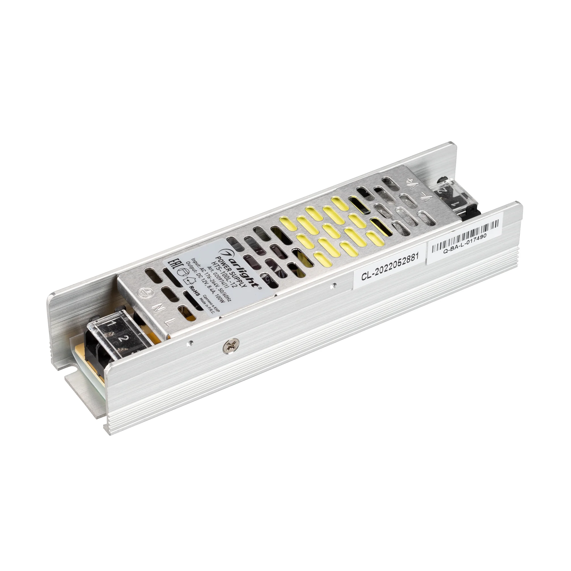 Блок питания HTS-100L-12 (12V, 8.4A, 100W) 020974(1) - Источник напряжения с гальванической развязкой для светодиодных изделий. Входное напряжение 176-264 VAC. Выходные параметры: 12 В, 8,5 А, 100 Вт. Встроенный PFC >0,5. Негерметичный алюминиевый сетчаты