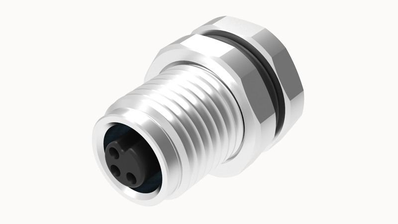 Розеточный разъем SD-M5A-04P-FF-SF7002 - Розеточный разъем в панель, 4 полюса, M5 гайка спереди, фиксация провода пайкой, A-Code, 1A, 60V, M5*0.5, металл