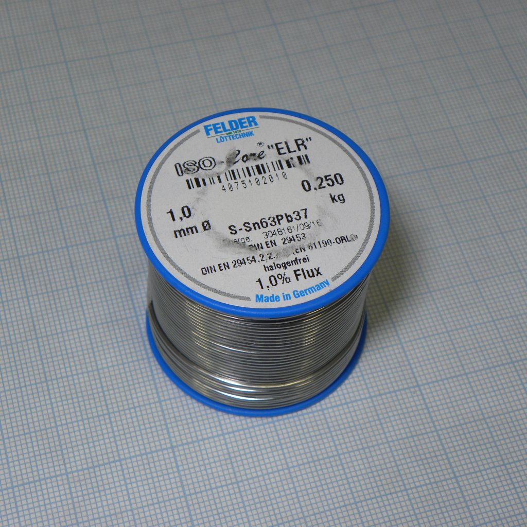 Припой Sn63Pb37 ELR  1.0мм 250гр - Припой трубчатый оловянно-свинцовый ПОС63, флюс 1% ELR безгалогенный органический (ROL0) в катушке