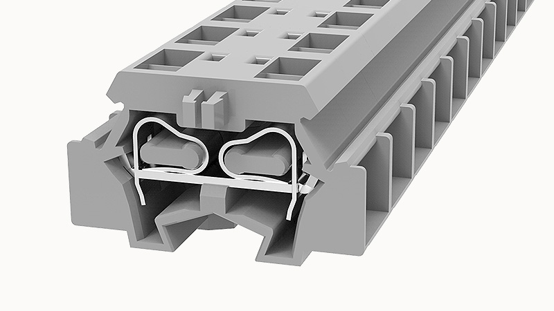 Проходная клемма WS2.5T-DB-01P-11 - Проходная клемма, 4 точки подключения, тип фиксации провода: пружинный,номинальное сечение: 2,5 мм кв.,  24А, 800V,ширина: 10 мм, цвет: серый, тип монтажа: монтажный фланец