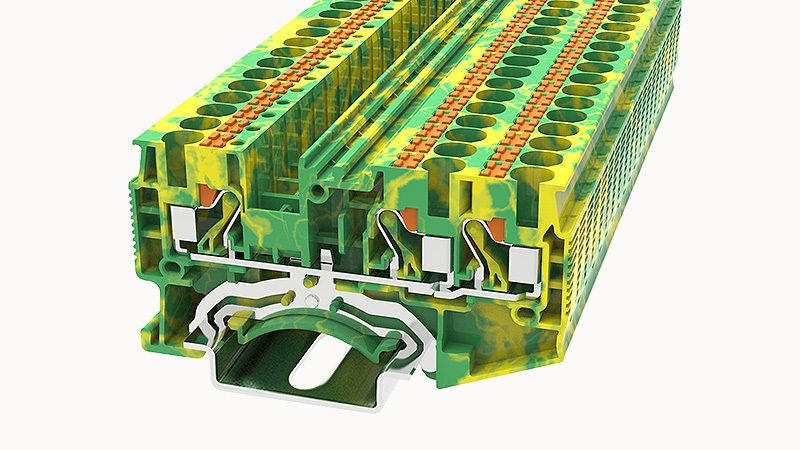 Заземляющая клемма DS4-TW-PE-01P-1C - Заземляющая клемма, 3 точки подключения, тип фиксации провода: Push-in, номинальное сечение: 4 мм кв., ширина: 6,2 мм, цвет: желто-зеленый, тип монтажа: DIN35