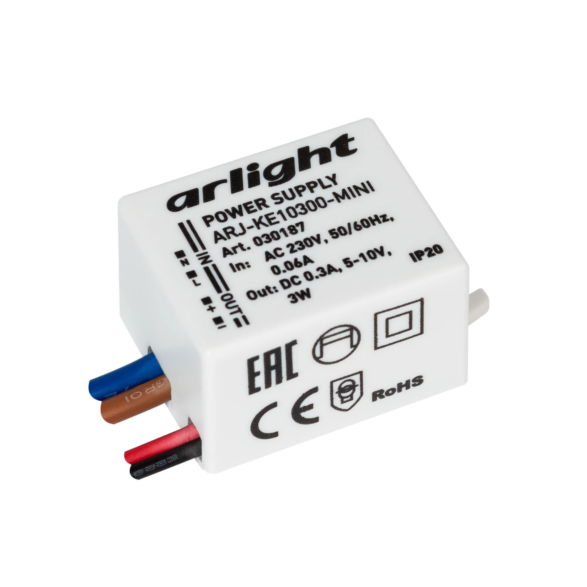 Блок питания ARJ-KE10300-MINI (3W, 300mA) 030187 - Источник тока с гальванической развязкой для светильников и мощных светодиодов. Входное напряжение 220-240 VAC. Выходные параметры: 5-10 В, 300 mА, 3 Вт. Встроенный PFC >0.4. Негерметичный пластиковый кор