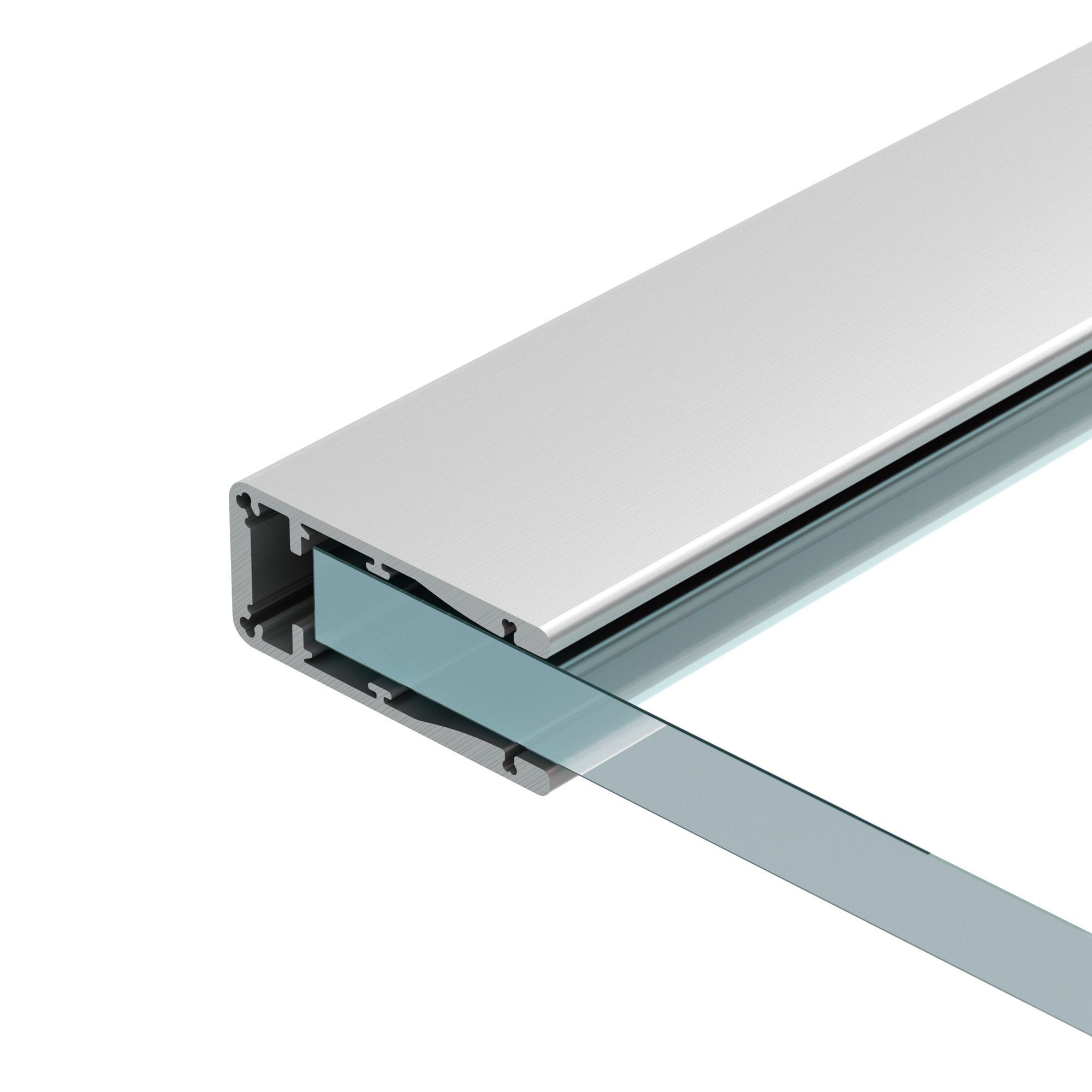 Профиль ALU-HANDRAIL-2000 FOR GLASS 17.5 015477 - Поставка под заказ от 230 компл. Алюминиевый профиль для стеклянных ограждений толщиной 17,5мм. Устанавливается на стекло сверху в качестве перил. Отдельно поставляется силиконовый уплотнитель арт. 015476.