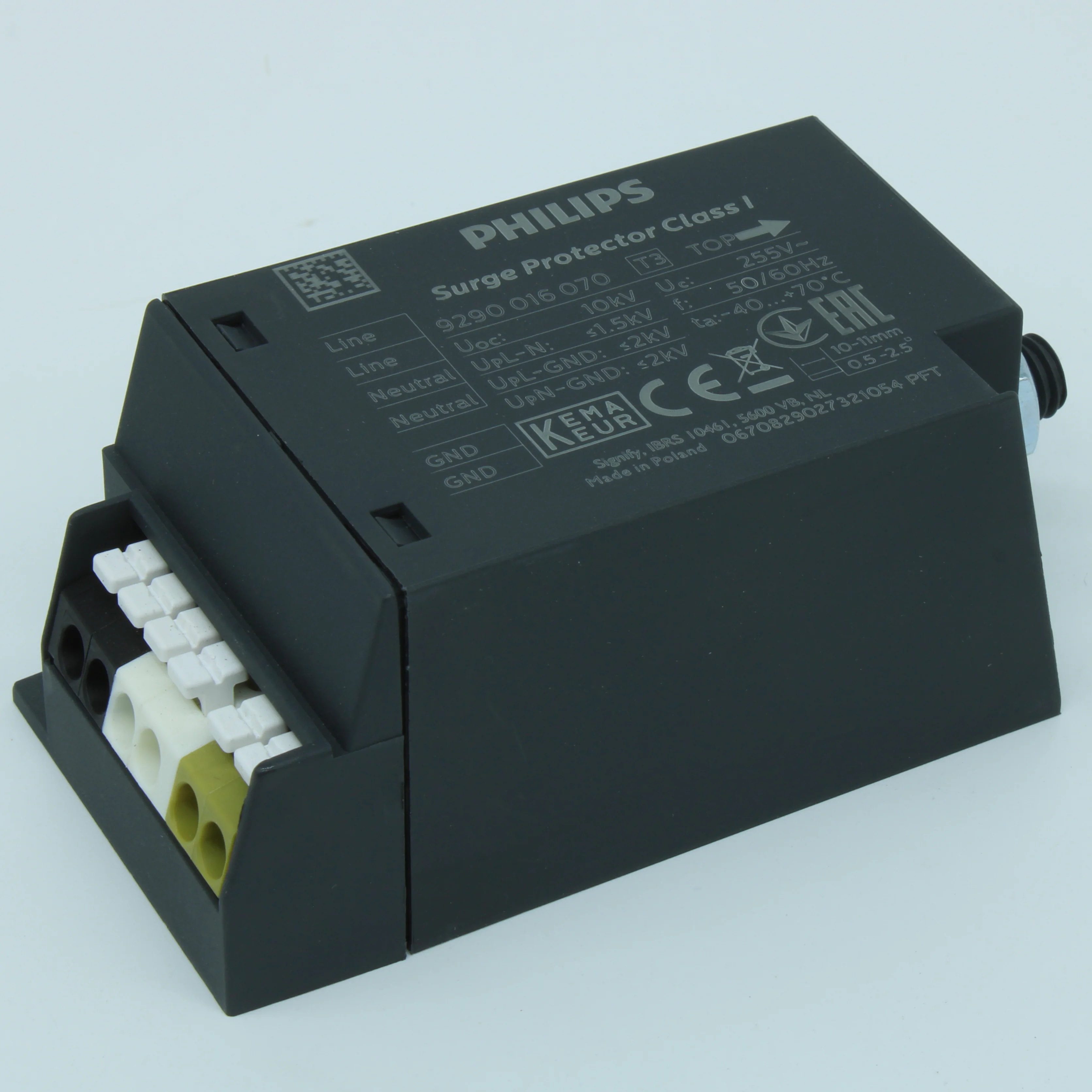 SURGE PROTECTOR CLASS-I - Устройство защиты от импульсных помех, рабочее напряжение 230В AC, 50/60Гц, макс. непрерывное рабочее напряжение 255 В AC, макс. имп. ток 10 кА, уровень напряжения защиты 1500 В, в корпусе 90x45x37.5мм, -40…+70°С, Class I