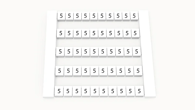 Марк. кассета DEK5-50P-19-79Z(H) - Маркировочные шильдики для клемм WS…, сечением 2,5 мм кв., боковая, 50 шильдиков, нанесенные символы: 5, по 5 полосок,с вертикальным расположением, размер шильдика: 4,8х5,5 мм, цвет белый