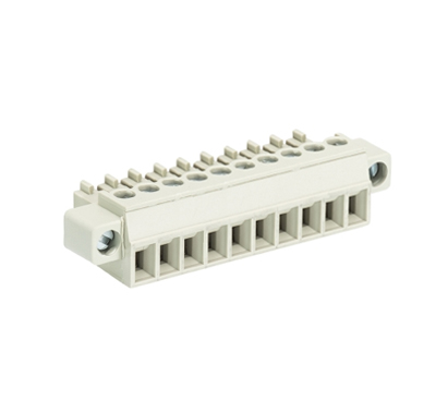 Розетка Wiecon 8513 B / 10 F - Розеточный разъем, угловой, на кабель, с монтажными фланцами, шаг 3,5 мм, 10 полюсов, номинальное сечение: 1,5 мм кв., винтовая фиксация провода, 250V, 8А, с маркировкой, цвет: серый, серия 8513 B