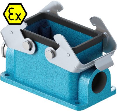 Закрытое основание разъема EX 70.331.1036.0 - Основание разъема на панель, закрытое, типоразмер 10B, взрывозащищита, с уплотнителем, 1 кабельный ввод M20x1,5, IP54, с левым расположением, с двумя защелками, без защитной крышки, материал корпуса: цинковый 