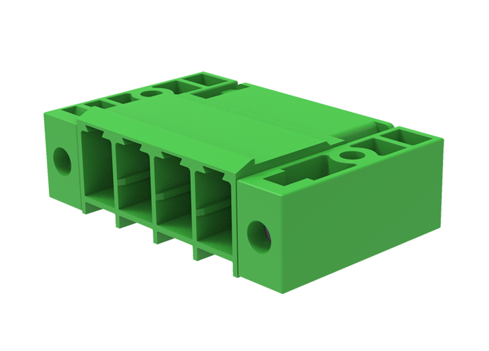 Вилочный разъем на плату MC-PH7.62H04-F-0001 - Вилочный разъем, горизонтальный, три контакта на полюс, на плату, шаг: 7.62 мм, 4 полюса, фиксация на плате пайкой, исполнение: с монтажными фланцами, 630V, 20A, цвет: зеленый