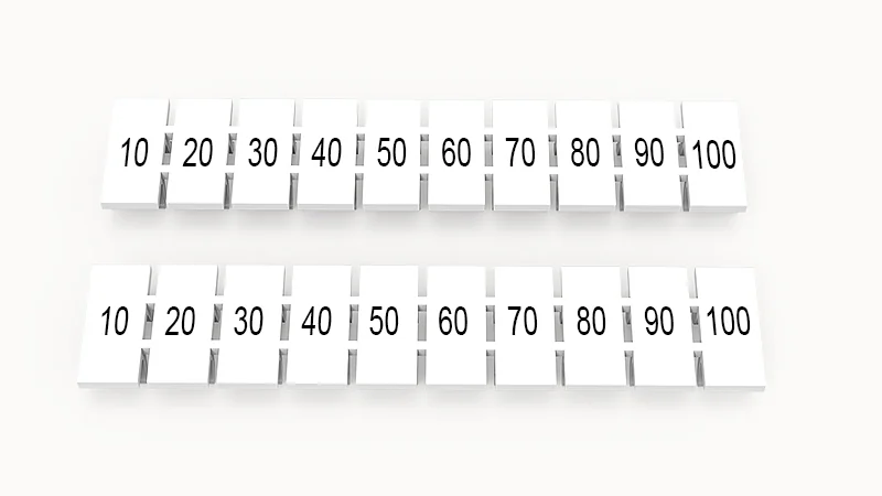Марк.  полоска ZB5-10P-19-770Z(H) - Маркировочные шильдики для клемм WS…, DC…, PC…, сечением 2,5 мм кв., центральная, 10 шильдиков, нанесенные символы: 10 20 30 40 50 60 70 80 90 100 с вертикальным расположением, размер шильдика: 4,55х10,7 мм, цвет белый