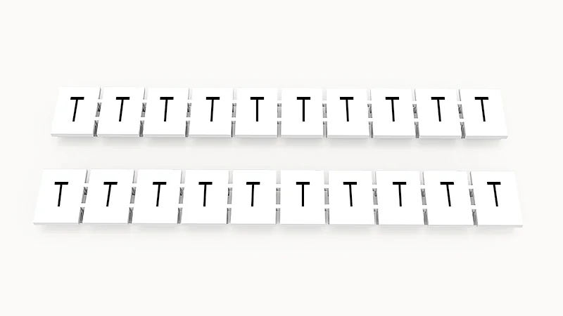 Марк.  полоска ZB8-10P-19-66Z(H) - Маркировочные шильдики для клемм WS…, DC…, PC…, сечением 6 мм кв., центральная, 10 шильдиков нанесенные символы: T, с вертикальным расположением, размер шильдика: 7,45х10,7 мм, цвет белый