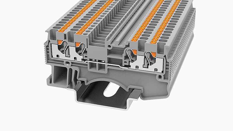 Проходная клемма DS1.5-QU-01P-11 - Проходная клемма, 4 точки подключения, тип фиксации провода: Push-in, номинальное сечение: 1.5 мм кв., 17,5A, 500V, ширина: 3,5 мм, цвет: серый, втычная перемычка, тип монтажа: DIN35