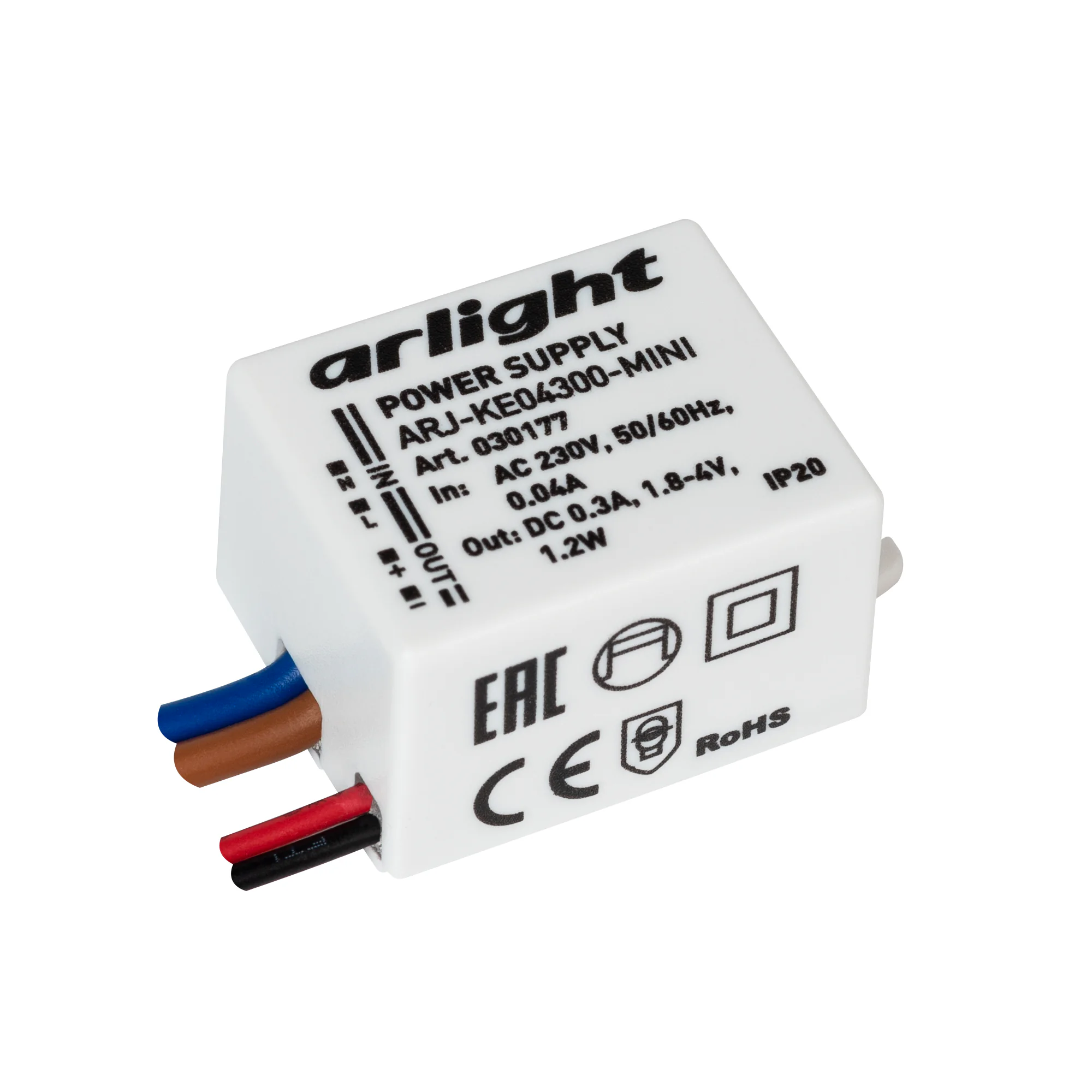 Блок питания ARJ-KE04300-MINI (1.2W, 300mA) 030177 - Источник тока с гальванической развязкой для светильников и мощных светодиодов. Входное напряжение 220-240 VAC. Выходные параметры: 1.8-4 В, 300 mА, 1.2 Вт. Встроенный PFC >0.4. Негерметичный пластиковы