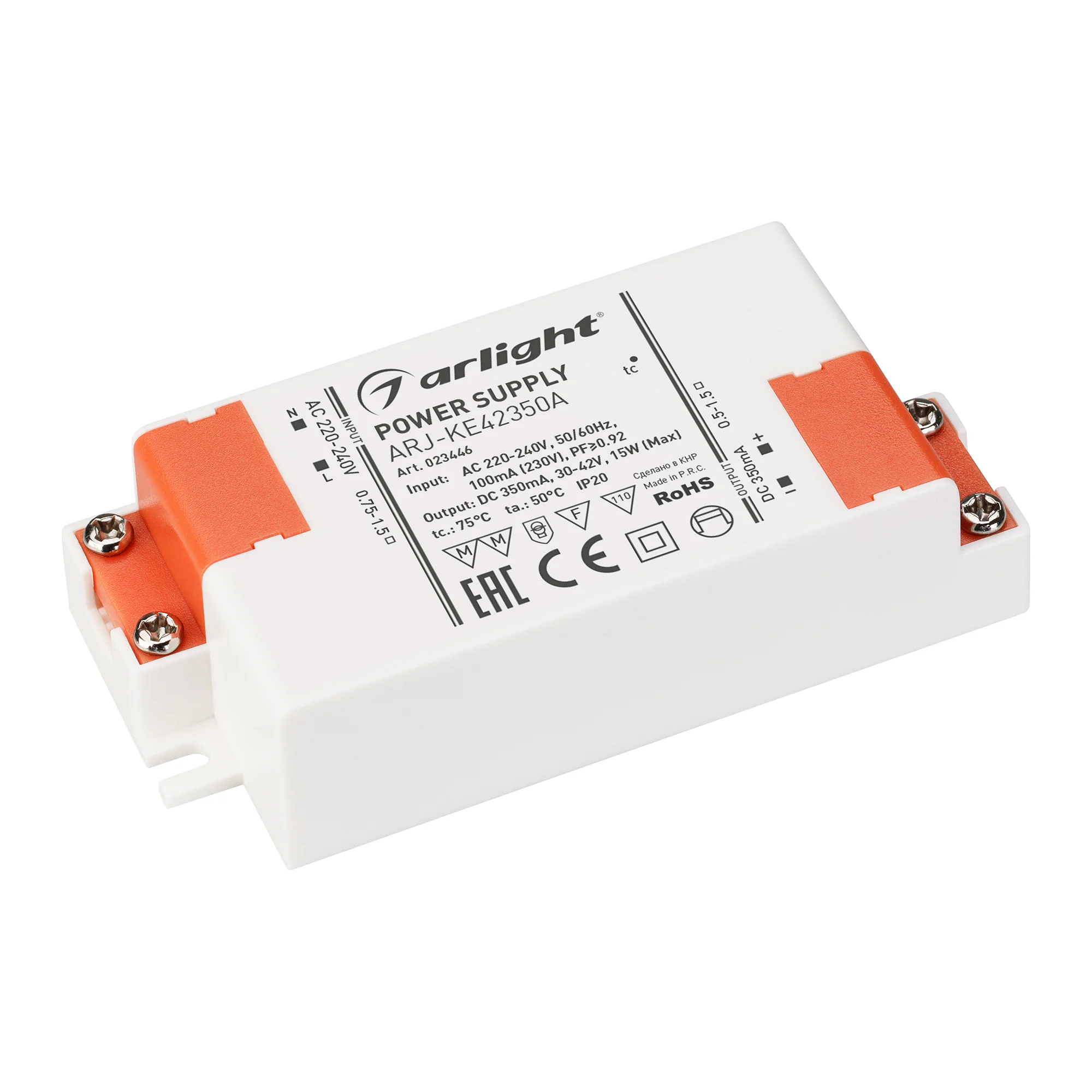 Блок питания ARJ-KE42350A (15W, 350mA, PFC) 023446 - Источник тока с гальванической развязкой для светильников и мощных светодиодов. Входное напряжение 220-240 VAC. Выходные параметры: 30-42 В, 350 mА, 15 Вт. Встроенный PFC >0.92. Негерметичный пластиковы
