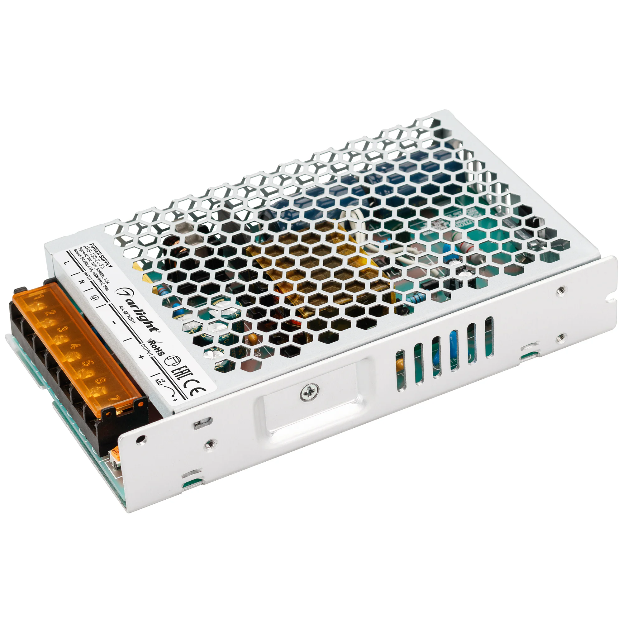 Блок питания ARS-150-24-FA (24V, 6.5A, 156W) 027328(1) - Источник напряжения с гальванической развязкой для светодиодных изделий. Входное напряжение 200-240 VAC. Выходные параметры: 24 В, 6.5 А, 156 Вт. Встроенный PFC >0.5. Негерметичный алюминиевый сетча