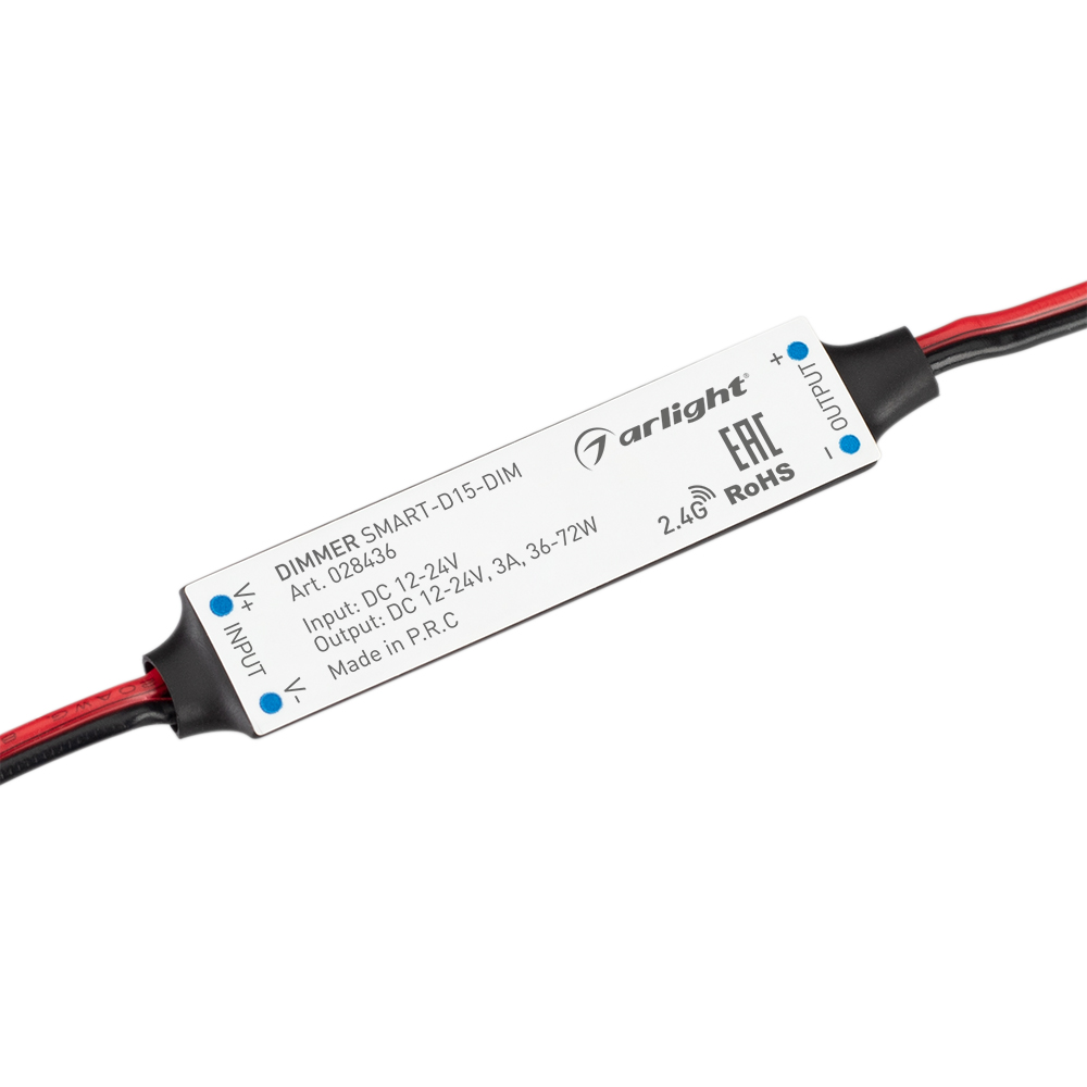 Диммер SMART-D15-DIM (12-24V, 1x3A, 2.4G) 028436 - Миниатюрный диммер для монохромной светодиодной ленты (ШИМ). Питание/рабочее напряжение 12-24VDC, максимальный ток 3A на канал, 1 канал, максимальная мощность 36-72W. Габариты 60x10x6 мм (габариты проводо