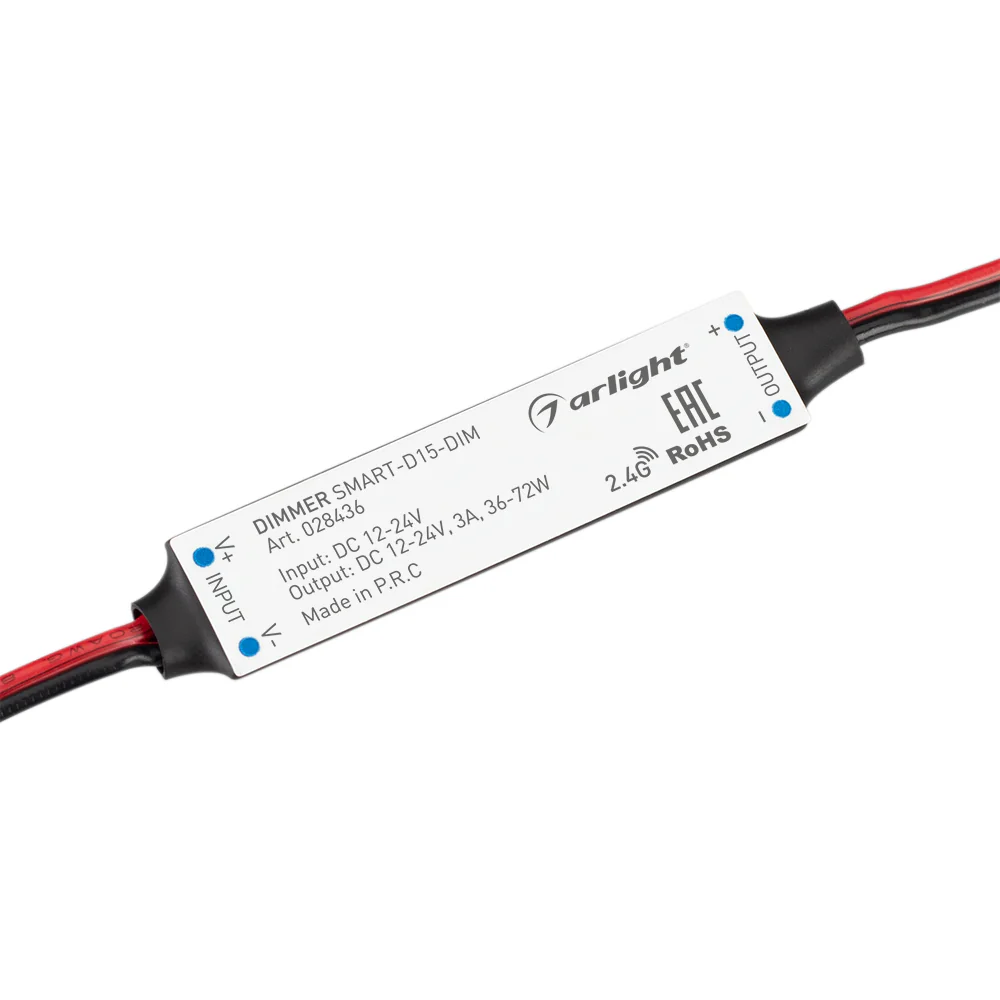 Диммер SMART-D15-DIM (12-24V, 1x3A, 2.4G) 028436 - Миниатюрный диммер для монохромной светодиодной ленты (ШИМ). Питание/рабочее напряжение 12-24VDC, максимальный ток 3A на канал, 1 канал, максимальная мощность 36-72W. Габариты 60x10x6 мм (габариты проводо