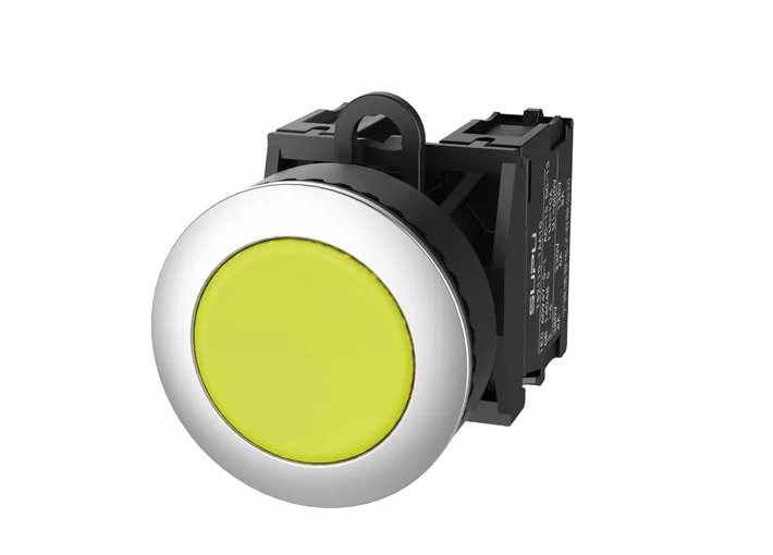 Кнопка плоская (желтая) TS2520-0CL30-S20 - Кнопка круглая плоская, с блокировкой, без подсветки, утопленное алюминиевое переднее кольцо, с мгновенным нажатием, с контактной группой 2NO, диаметр головки кнопки 36 мм, диаметр посадочного отверстия: 22 мм, ц