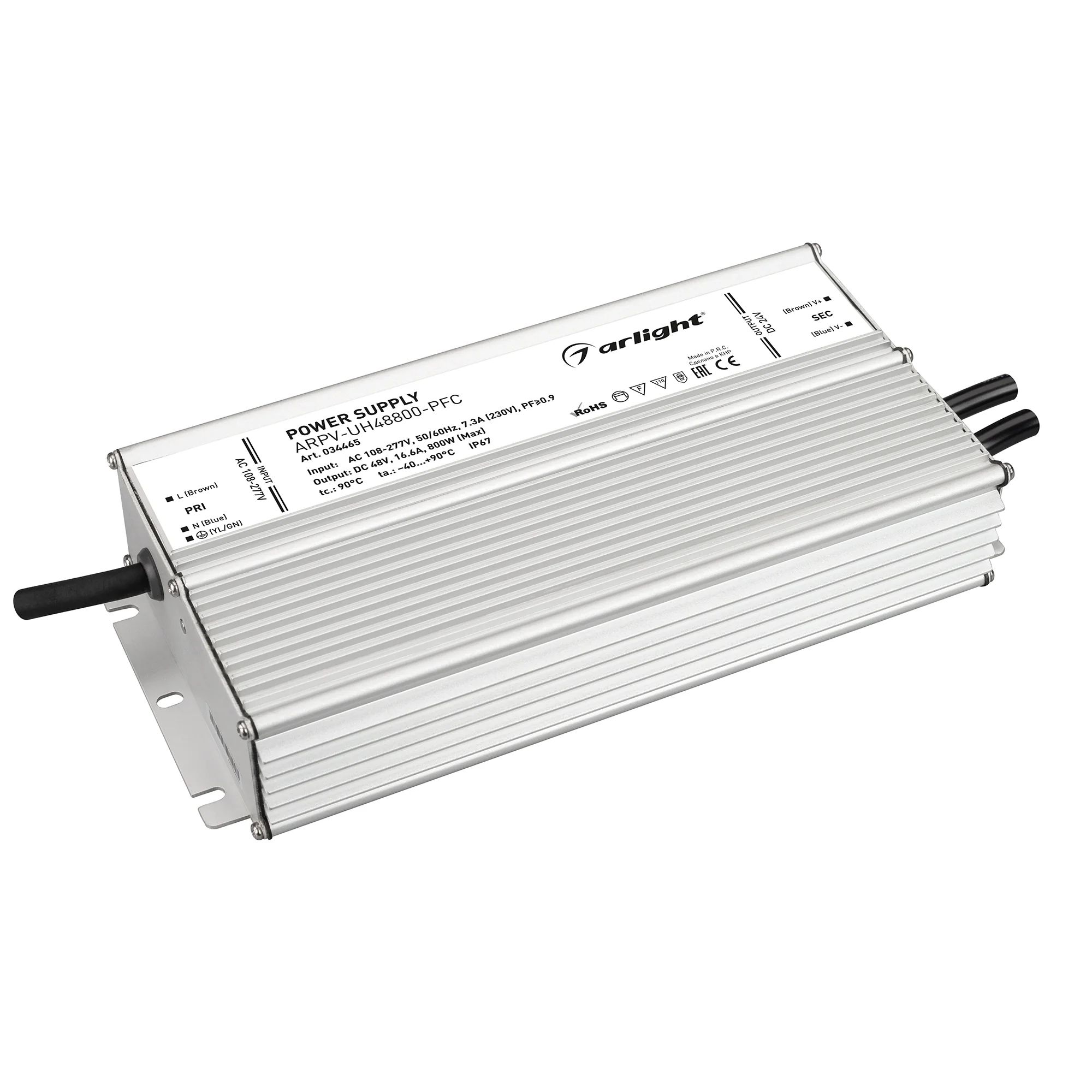 Блок питания ARPV-UH48800-PFC (48V, 16.6A, 800W) 034465 - Источник напряжения с гальванической развязкой для светодиодных изделий. Входное напряжение 108-277 VAC. Выходные параметры: 48 В, 16.6 А, 800 Вт. Встроенный PFC >0,9. Герметичный алюминиевый корпу
