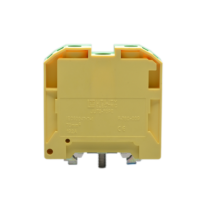 Заземляющая клемма JUT2-70PE - Заземляющая клемма, тип фиксации провода: номинальное сечение: 70 мм кв., 800V, ширина: мм, цвет: желто-зеленый, тип монтажа: DIN35