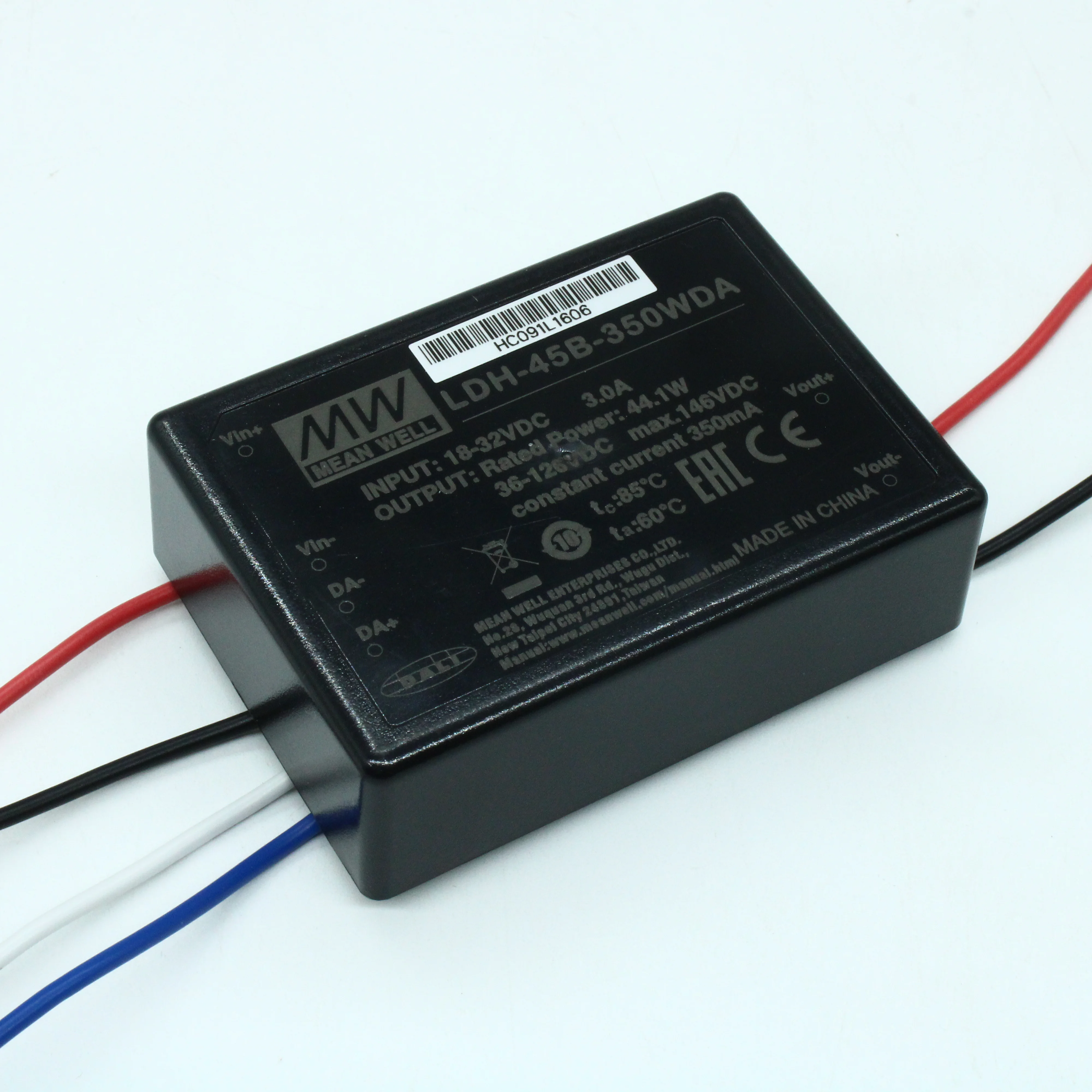 LDH-45B-350WDA - DC/DC LED повышающий, вход 18…32В, выход 36…126В/0.35А, КПД до 93%, DALI, 75x53x22.7мм, проводные выводы, -40…70°C, пластик