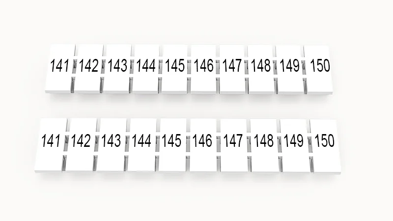 Марк.  полоска ZB6-10P-19-26Z(H) - Маркировочные шильдики для клемм WS…, DC…, PC…, сечением 4 мм кв., центральная, 10 шильдиков нанесенные символы: 141-150, с вертикальным расположением, размер шильдика: 5,55х10,7 мм, цвет белый