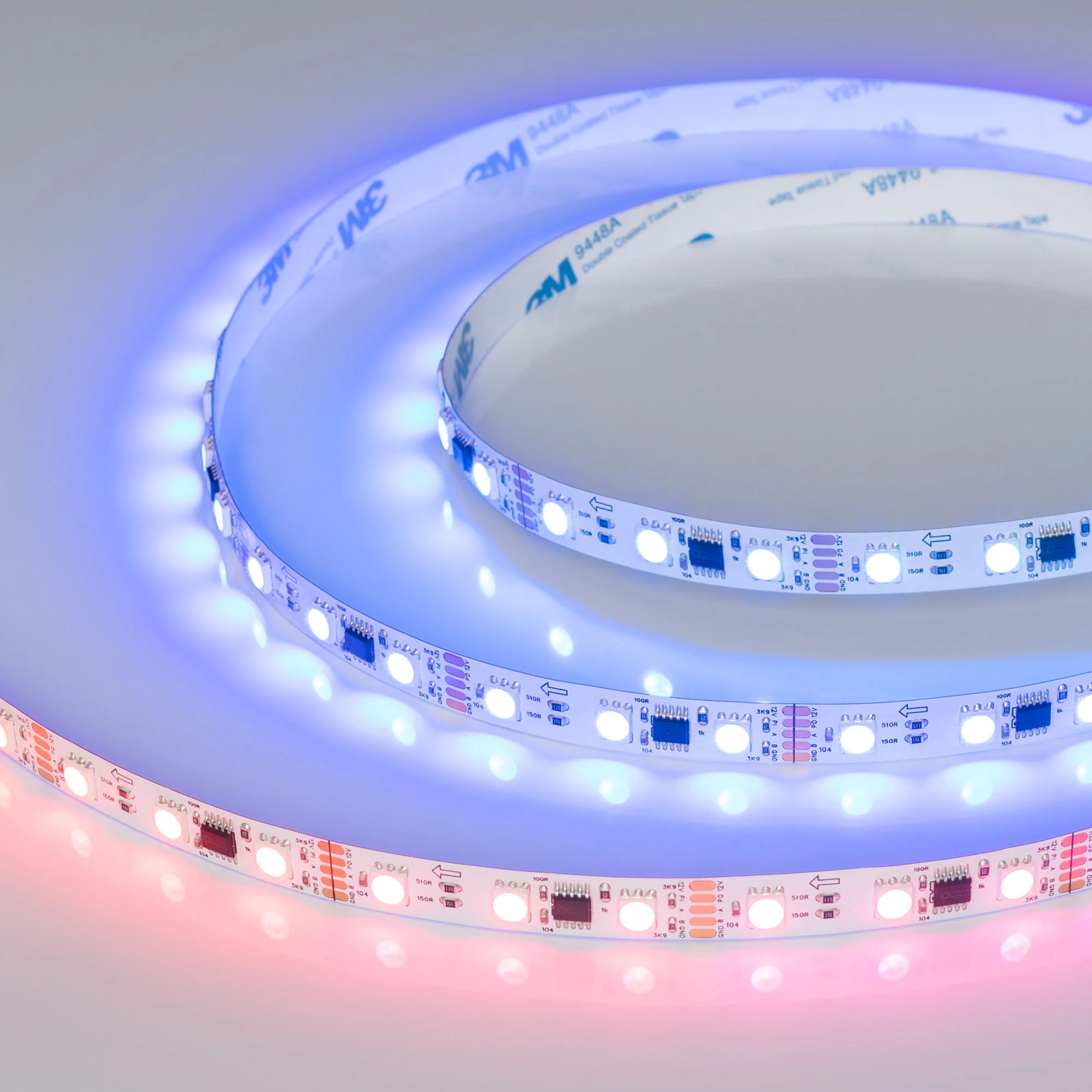 Лента DMX-B60-10mm 12V RGB-PX3 (14 W/m, IP20, 5060, 5m) 039174 - Светодиодная лента DMX-B60, открытая IP20, с микросхемой GS8516. Светодиоды 5060, 60 шт/м (1 pixel = 3 LED), белая плата, скотч 3М. Цвет RGB, угол 120°. Питание 12 В, мощность 14 Вт/м (70 Вт