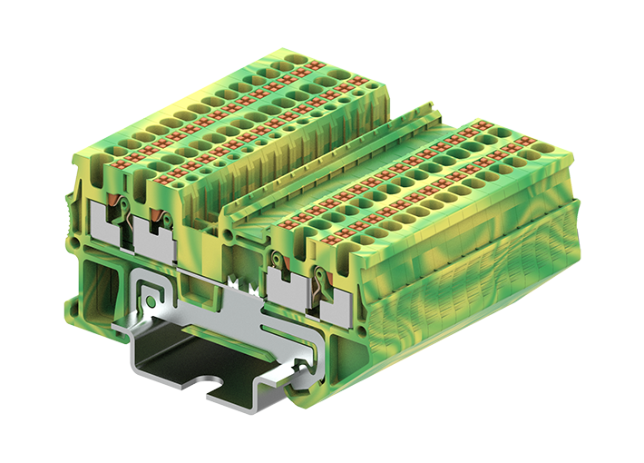 Заземляющая клемма TP1.5-4-PE - Заземляющая клемма, 4 точки подключения, тип фиксации провода: push-in, номинальное сечение: 1,5 мм кв., ширина: 3,5 мм, цвет: желто-зеленый, тип монтажа: DIN 35