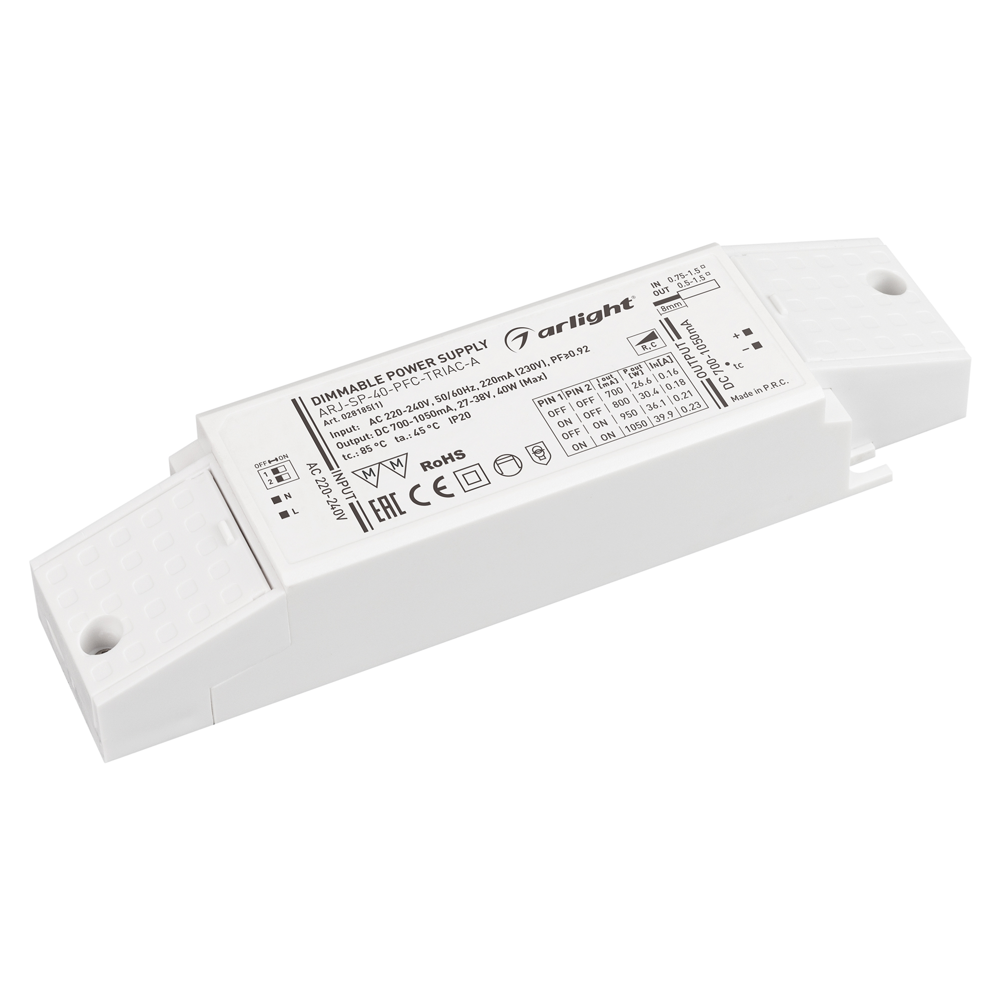Блок питания ARJ-SP-40-PFC-TRIAC-INS (40W, 27-38V, 0.7-1.05A) 028185(1) - Диммируемый источник тока по стандарту TRIAC с гальванической развязкой для светильников и мощных светодиодов. Входное напряжение 220-240 VAC. Выходные параметры: 27-38 В, 700-1050 