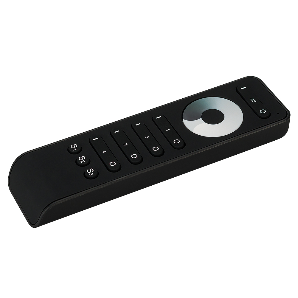 Пульт SMART-R33-DIM Black (4 зоны, 2.4G) 025030 - Кнопочный радиопульт с сенсорным кольцом 2.4 ГГц черного цвета для управления одноцветным (DIM) источником света. 4 зоны управления, 3 слота памяти пользовательских настроек, управление яркостью с помощью 
