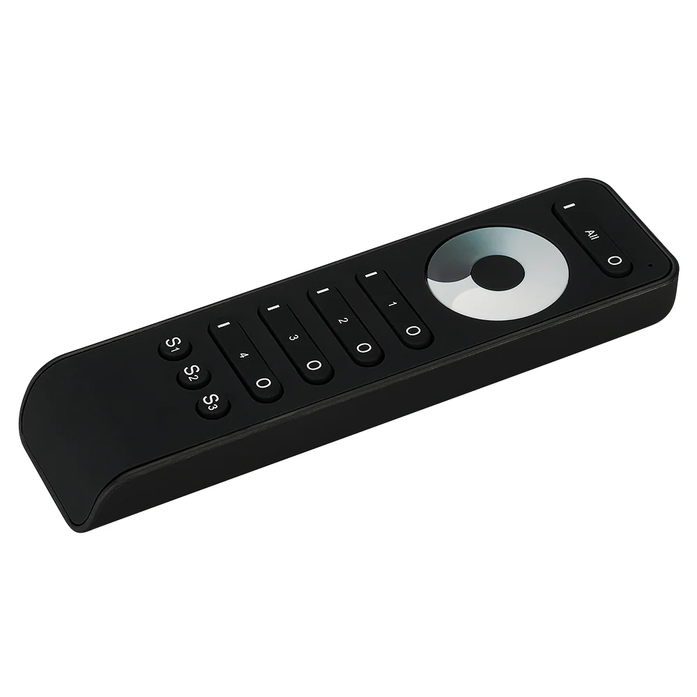 Пульт SMART-R33-DIM Black (4 зоны, 2.4G) 025030 - Кнопочный радиопульт с сенсорным кольцом 2.4 ГГц черного цвета для управления одноцветным (DIM) источником света. 4 зоны управления, 3 слота памяти пользовательских настроек, управление яркостью с помощью 