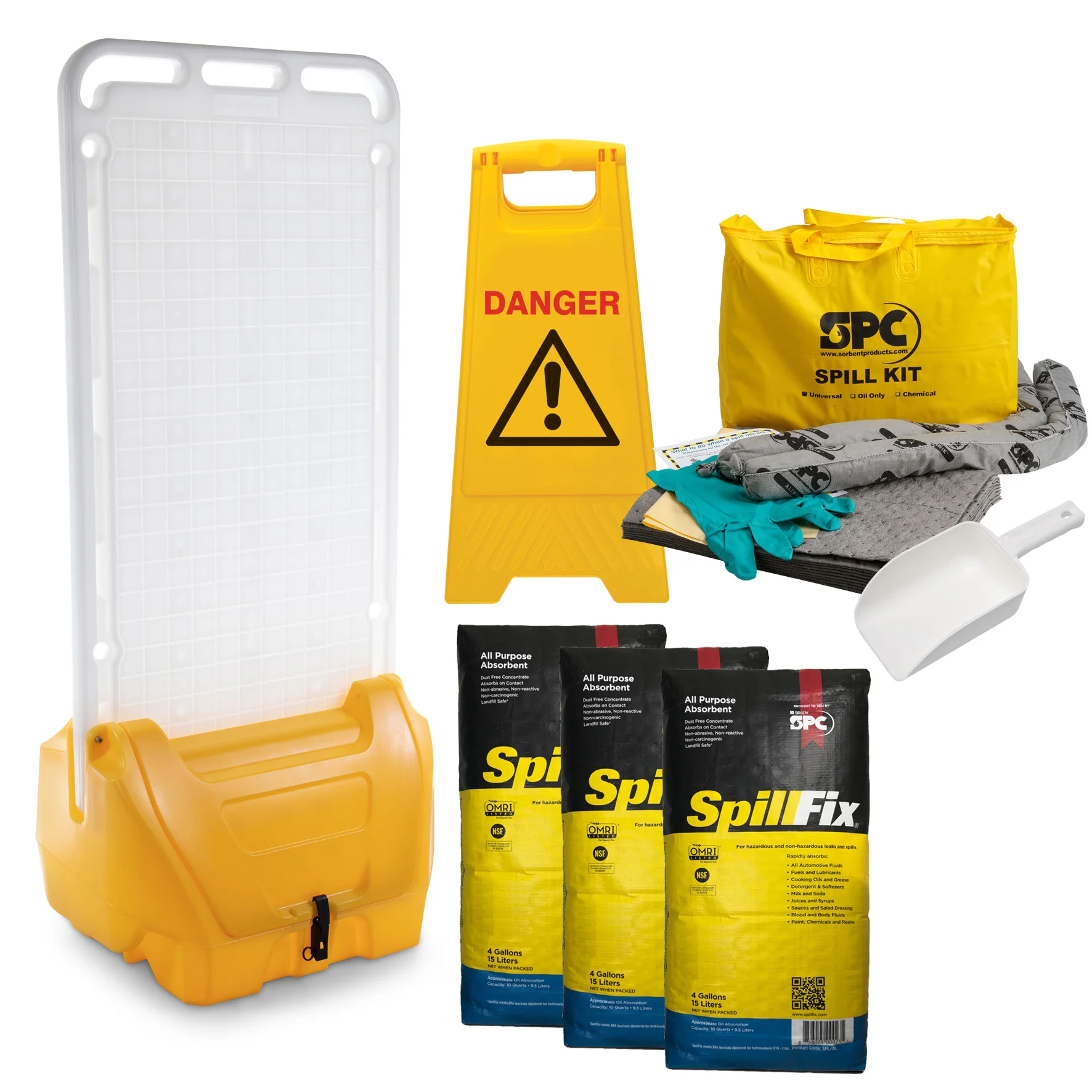 spc309077 - SPHS1-BB1-YE-SPILL Мобильная станция для устранения проливов SitePoint Spill Kit, размер 755x1725x595 мм, состав: гранулированный сорбент SpillFix (3шт), экономичный комплект для ремонта, напольная предупреждающая панель, совок.