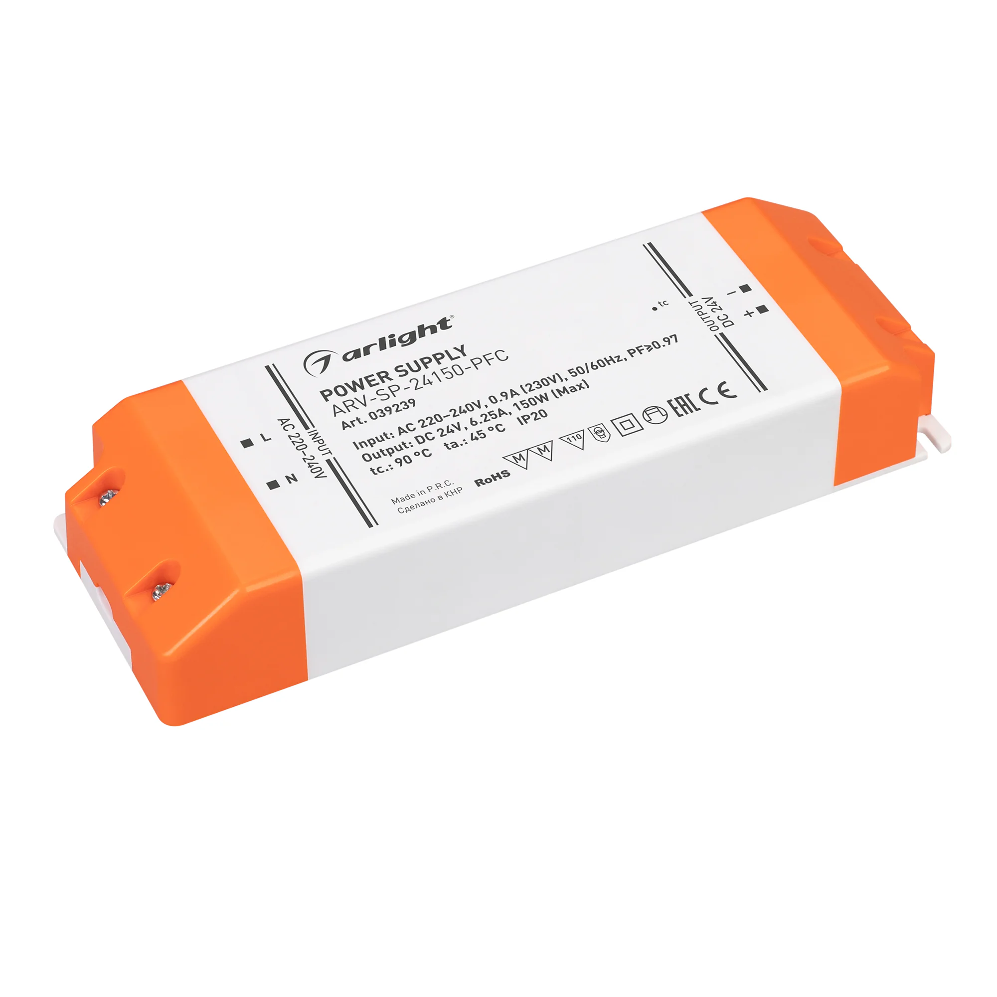 Блок питания ARV-SP-24150-PFC (24V, 6.25A, 150W) 039239 - Источник напряжения с гальванической развязкой для светодиодных изделий. Входное напряжение 220-240 VAC. Выходные параметры: 24 В, 6.25 А, 150 Вт. Встроенный PFC >0.97. Негерметичный пластиковый ко