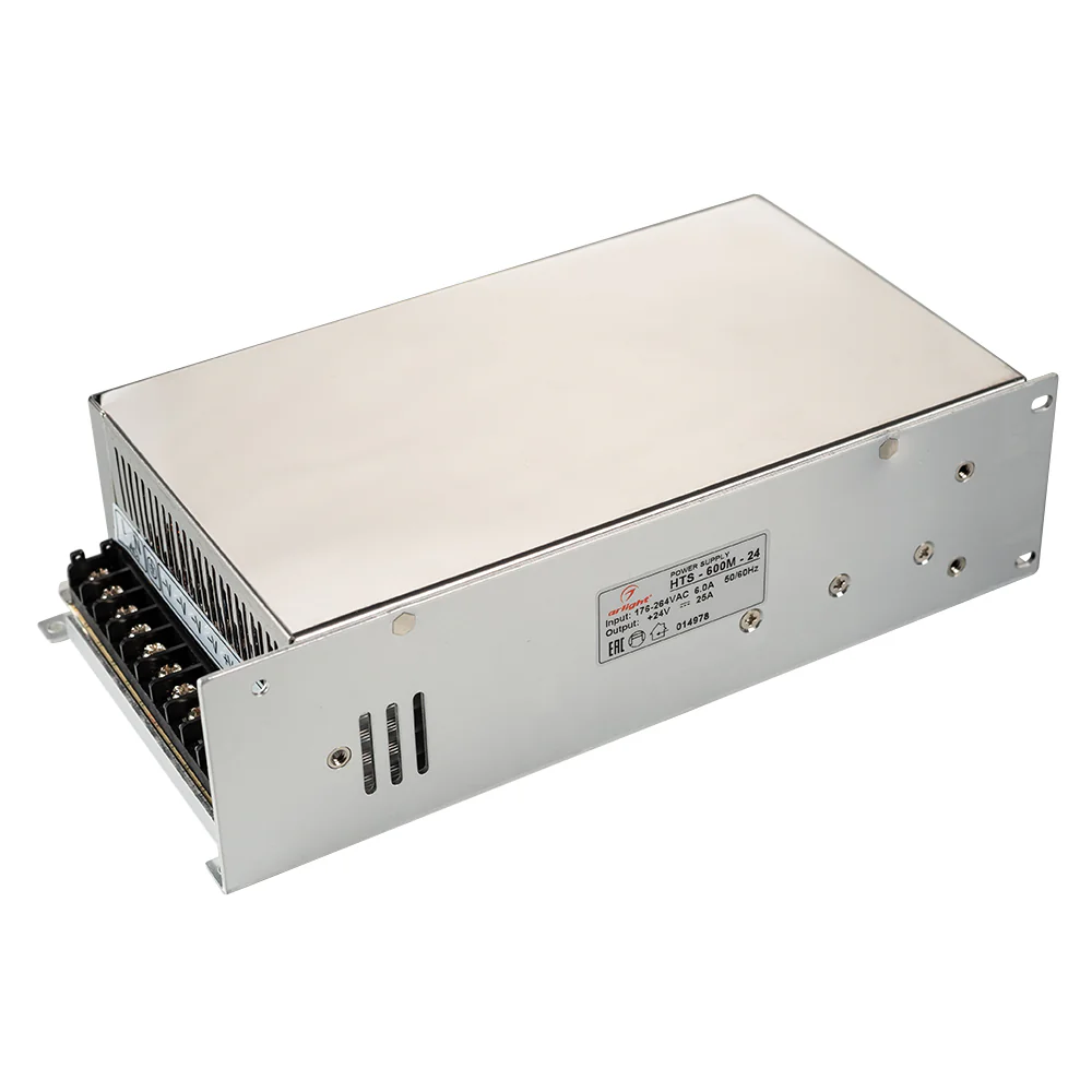 Блок питания HTS-600M-24 (24V, 25A, 600W) 014978 - Источник напряжения с гальванической развязкой для светодиодных изделий. Входное напряжение 176-264 VAC. Выходные параметры: 24 В, 25 А, 600 Вт. Встроенный PFC >0.5. Негерметичный алюминиевый сетчатый кор