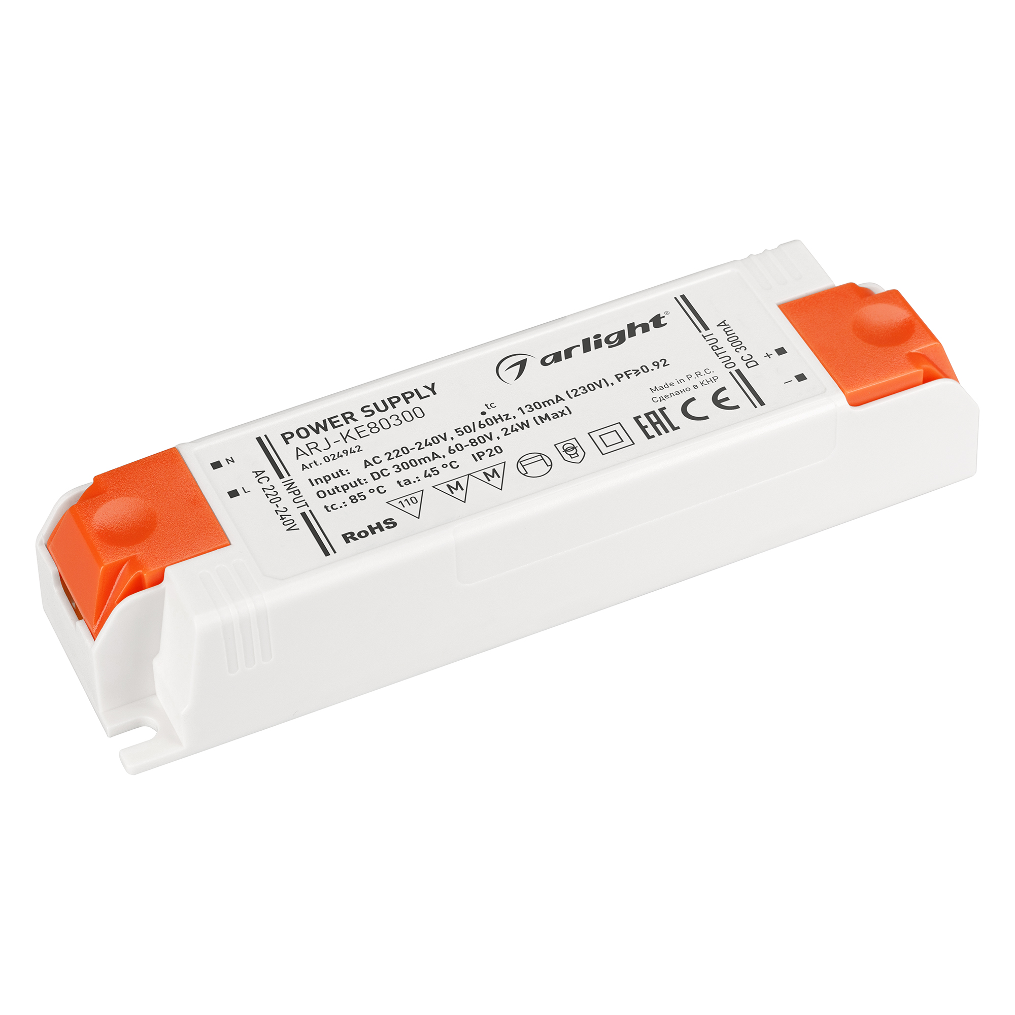 Блок питания ARJ-KE80300 (24W, 300mA, PFC) 024942 - Источник тока с гальванической развязкой для светильников и мощных светодиодов. Входное напряжение 220-240 VAC. Выходные параметры: 60-80 В, 300 mА, 24 Вт. Встроенный PFC >0.92. Негерметичный пластиковый