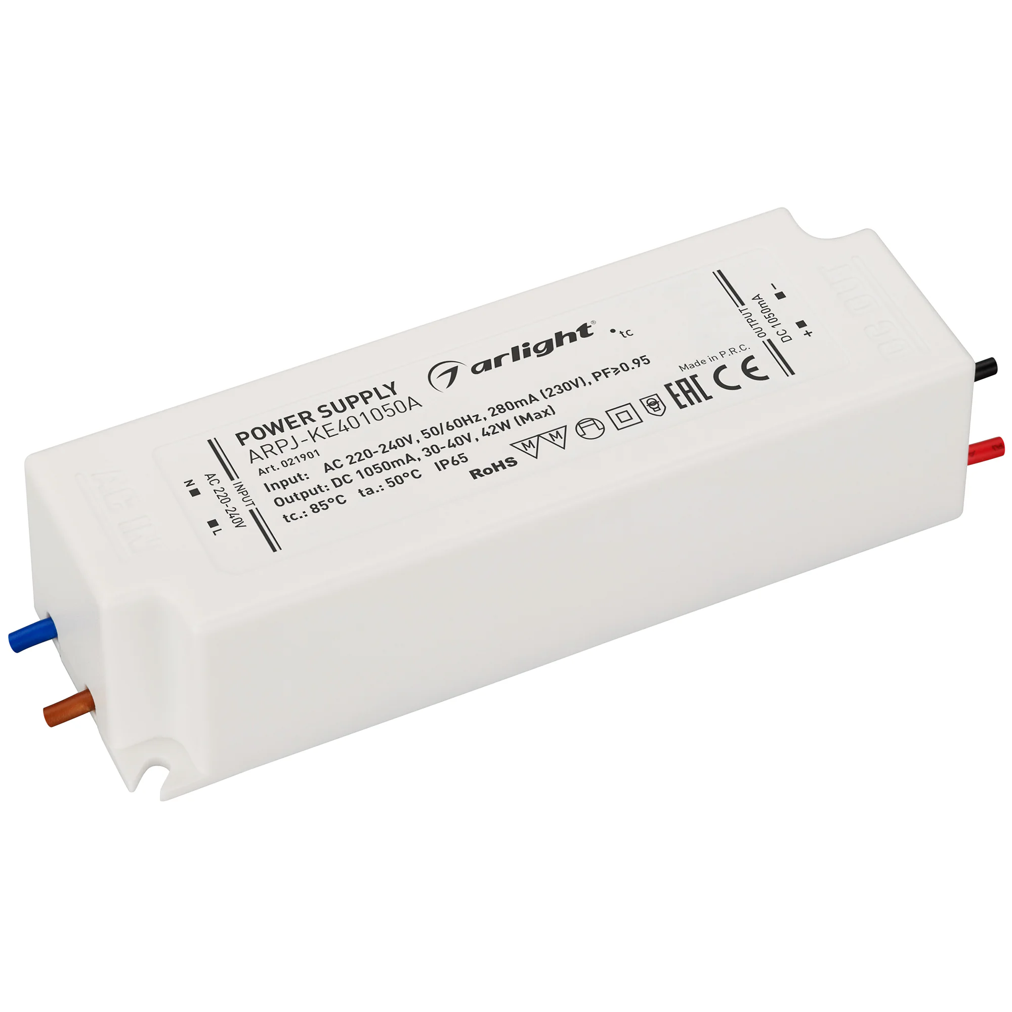 Блок питания ARPJ-KE401050A (42W, 1050mA, PFC) 021901 - Источник тока с гальванической развязкой для светильников и мощных светодиодов. Входное напряжение 220-240 VAC. Выходные параметры: 30-40 В, 1050 mА, 42 Вт. Встроенный PFC >0.95. Герметичный пластико