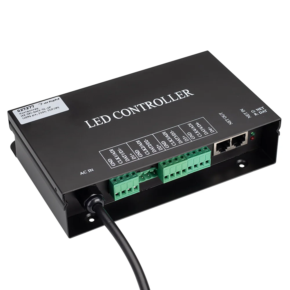 Контроллер HX-SPI-DMX-SL-4P (4096 pix, 220V, TCP/IP, add, ArtNet) 027277 - Slave-контроллер для пиксельных модулей и лент. Позволяет воспроизводить динамические эффекты, текст, рисунки, видео. Поддержка протоколов SPI и DMX 512. Управляется Master-контрол