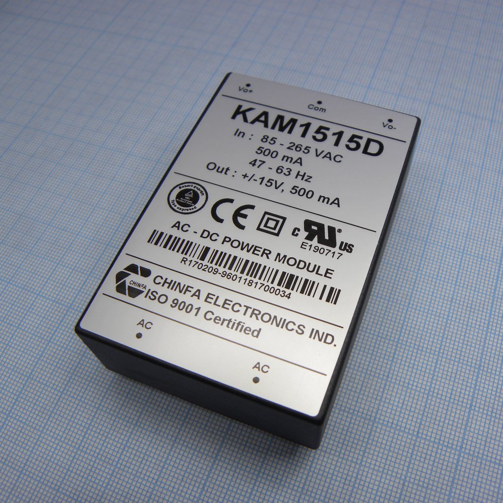 KAM1515D - AC-DC, 15Вт, выход: ±15В/±0.5A, изоляция 3000V AC, вход 85…265V AC, 47…63Гц / 120...370V DC, в кожухе 76х51х23мм, -20…+50°С