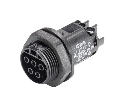 Разъем RST20i5 96.051.5053.1 - Розеточный разъем в панель, М25, IP68(69k), 5 полюсов, винтовая фиксация провода, номинальные характеристики: 250/400V, 20A, цвет: черный, серия RST Classic