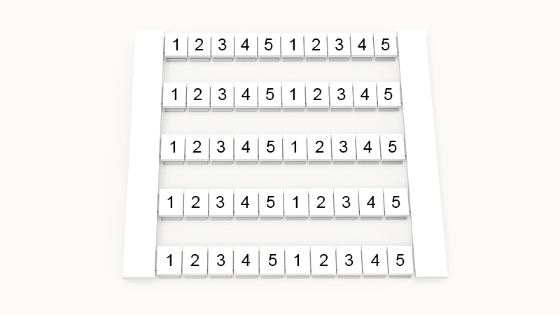 Марк. кассета DEK5-50P-19-133Z(H) - Маркировочные шильдики для клемм WS…, сечением 2,5 мм кв., боковая, 50 шильдиков, нанесенные символы: 12345 12345, по 5 полосок,с вертикальным расположением, размер шильдика: 4,8х5,5 мм, цвет белый