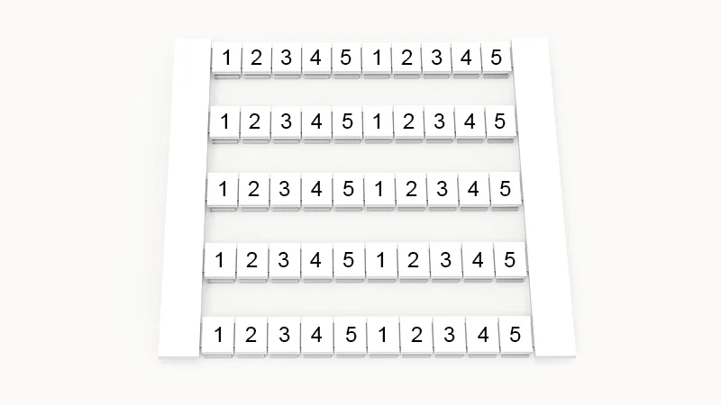 Марк. кассета DEK5-50P-19-133Z(H) - Маркировочные шильдики для клемм WS…, сечением 2,5 мм кв., боковая, 50 шильдиков, нанесенные символы: 12345 12345, по 5 полосок,с вертикальным расположением, размер шильдика: 4,8х5,5 мм, цвет белый