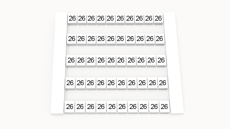 Марк. кассета DEK6-50P-19-16Z(H) - Кассета с шильдиками для клемм WS…, сечением 4 мм кв., боковая, 50 шильдиков, нанесенные символы: 26, 5 полосок, с вертикальным расположением, размер шильдика: 5,8х5,5 мм, цвет белый
